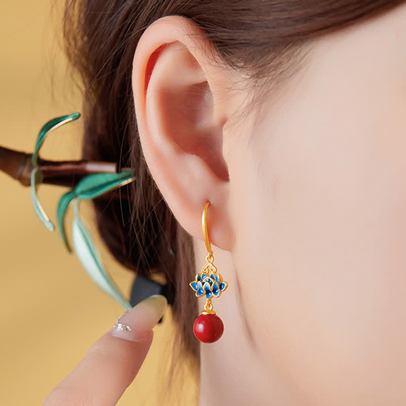 Buddha Stones Cinnabar 925 Sterling Silver Enamel Lotus Drop Earrings - image 4