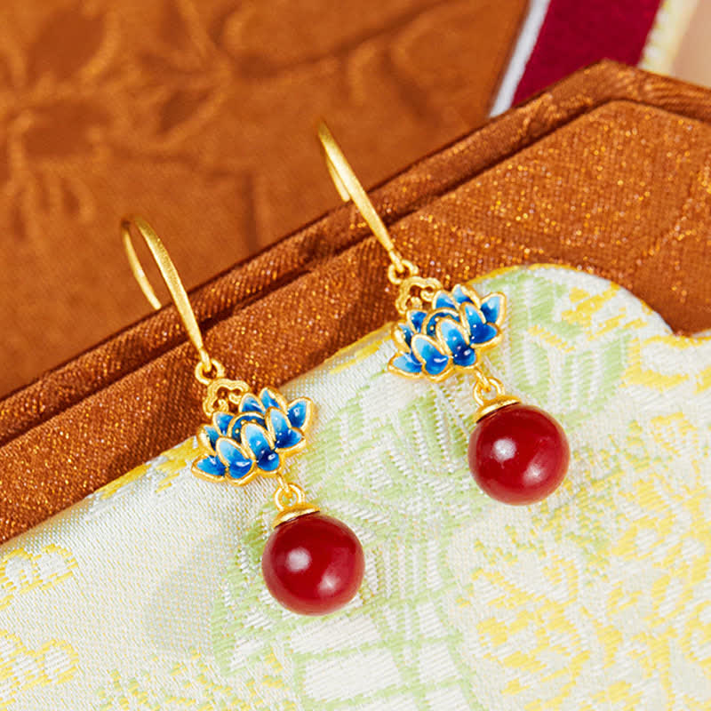 Buddha Stones Cinnabar 925 Sterling Silver Enamel Lotus Drop Earrings - image 1
