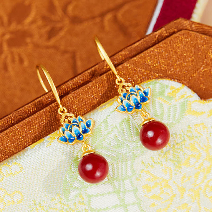 Buddha Stones Cinnabar 925 Sterling Silver Enamel Lotus Drop Earrings - image 1