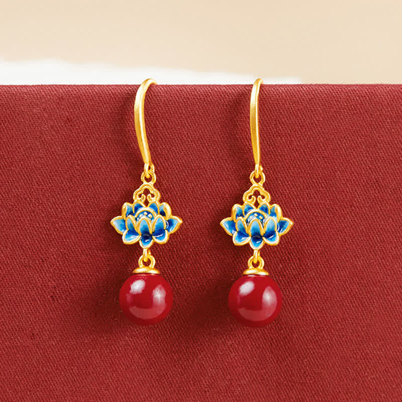 Buddha Stones Cinnabar 925 Sterling Silver Enamel Lotus Drop Earrings - image 3