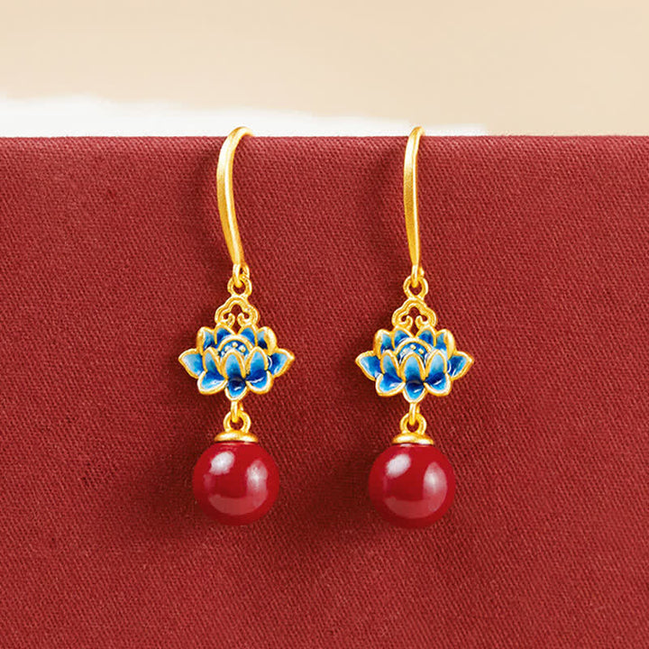 Buddha Stones Cinnabar 925 Sterling Silver Enamel Lotus Drop Earrings - image 3