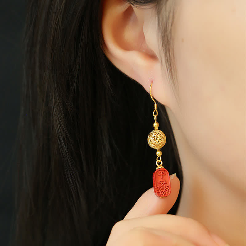Buddha Stones Cinnabar Copper Filigree Blessing Drop Earrings - image 7