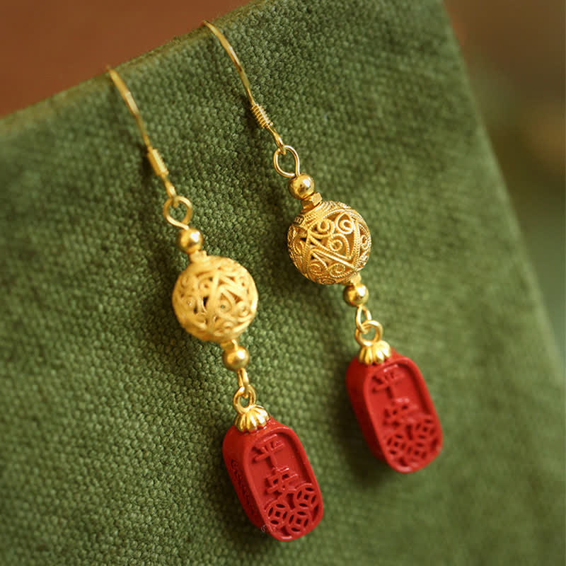 Buddha Stones Cinnabar Copper Filigree Blessing Drop Earrings - Cinnabar(Copper Posts) - image 0