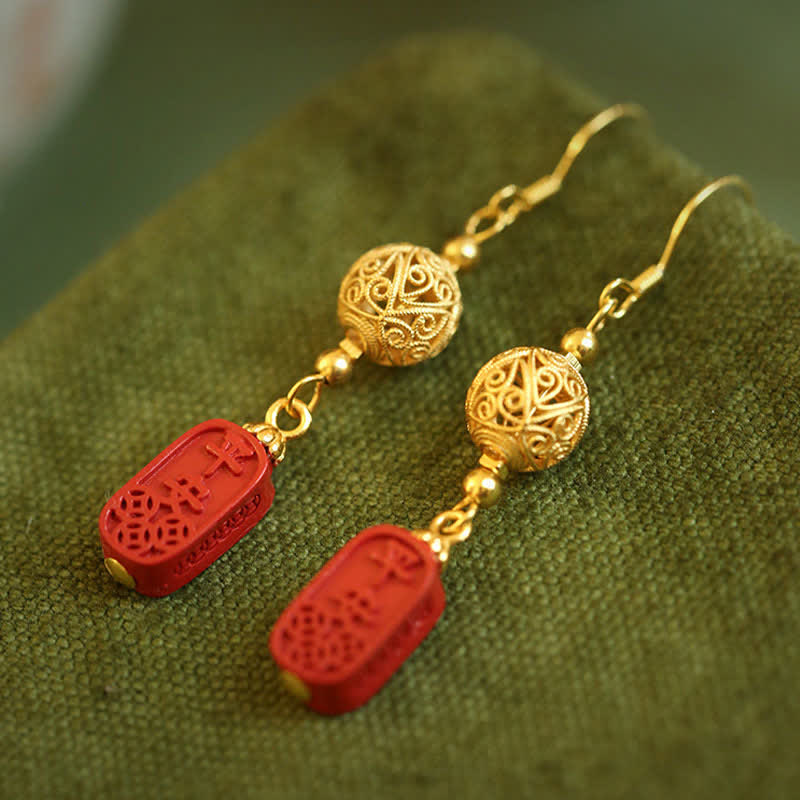 Buddha Stones Cinnabar Copper Filigree Blessing Drop Earrings - image 1