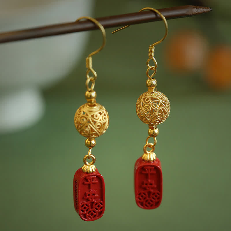 Buddha Stones Cinnabar Copper Filigree Blessing Drop Earrings - image 2