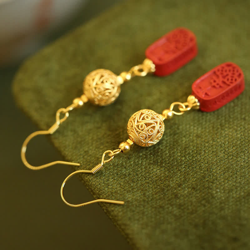 Buddha Stones Cinnabar Copper Filigree Blessing Drop Earrings - image 3