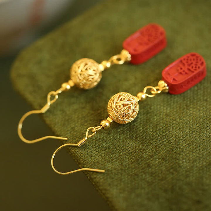 Buddha Stones Cinnabar Copper Filigree Blessing Drop Earrings - image 3
