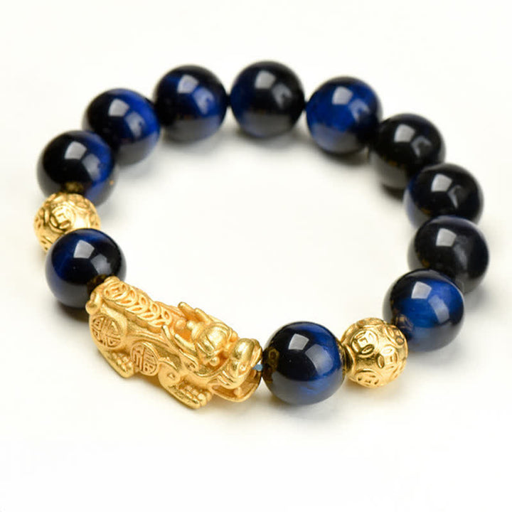 Buddha Stones Natural Tiger Eye Pixiu Fu Character Om Mani Padme Hum Bead Courage Bracelet - Blue Tiger Eye Copper Coins Pixiu(Wrist Circumference:17–18 cm) - image 19