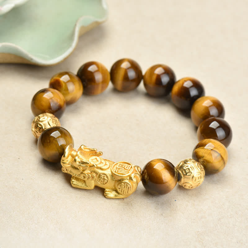 Buddha Stones Natural Tiger Eye Pixiu Fu Character Om Mani Padme Hum Bead Courage Bracelet - image 1