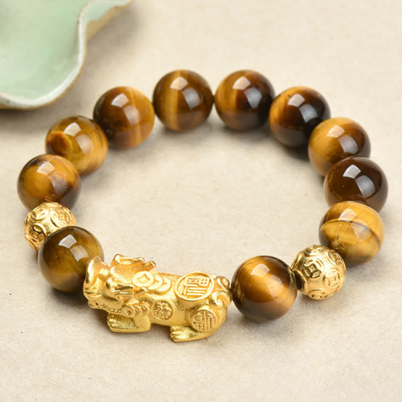 Buddha Stones Natural Tiger Eye Pixiu Fu Character Om Mani Padme Hum Bead Courage Bracelet - Yellow Tiger Eye Fu Character Pixiu(Wrist Circumference:17–18 cm) - image 0