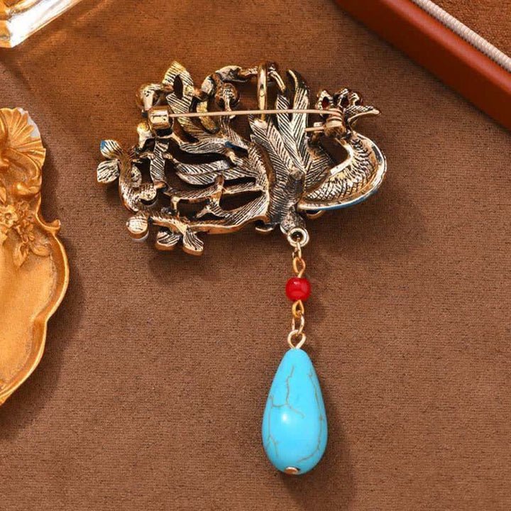 Buddha Stones Blue Phoenix Flower Pearl Turquoise Brooch - image 4