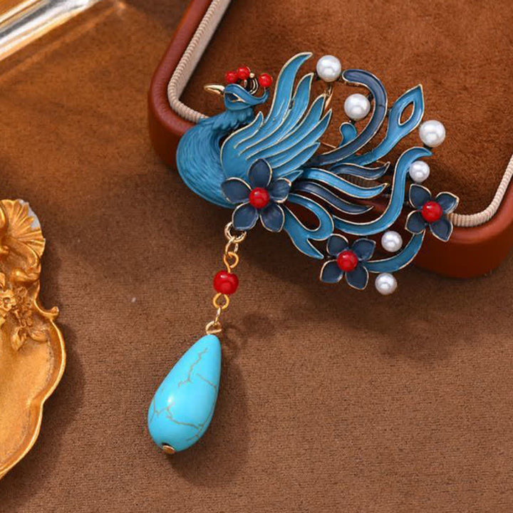 Buddha Stones Blue Phoenix Flower Pearl Turquoise Brooch - image 3