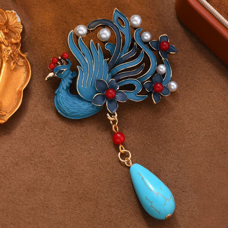 Buddha Stones Blue Phoenix Flower Pearl Turquoise Brooch - image 2