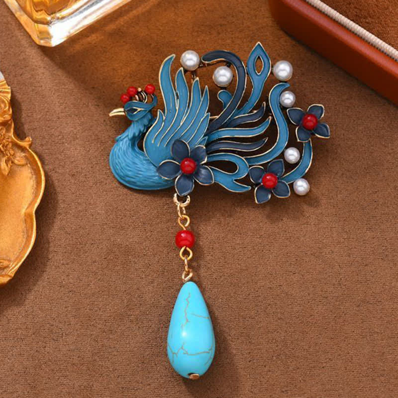 Buddha Stones Blue Phoenix Flower Pearl Turquoise Brooch - image 1