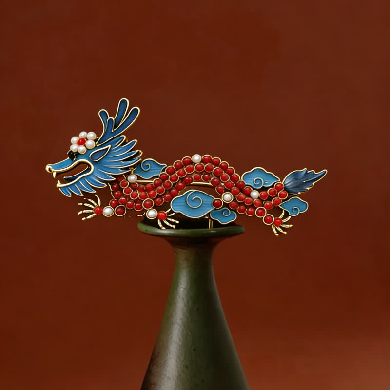 Buddha Stones Blue Dragon Red Turquoise Luck Brooch - Blue Dragon 7.4*3.3cm - image 0