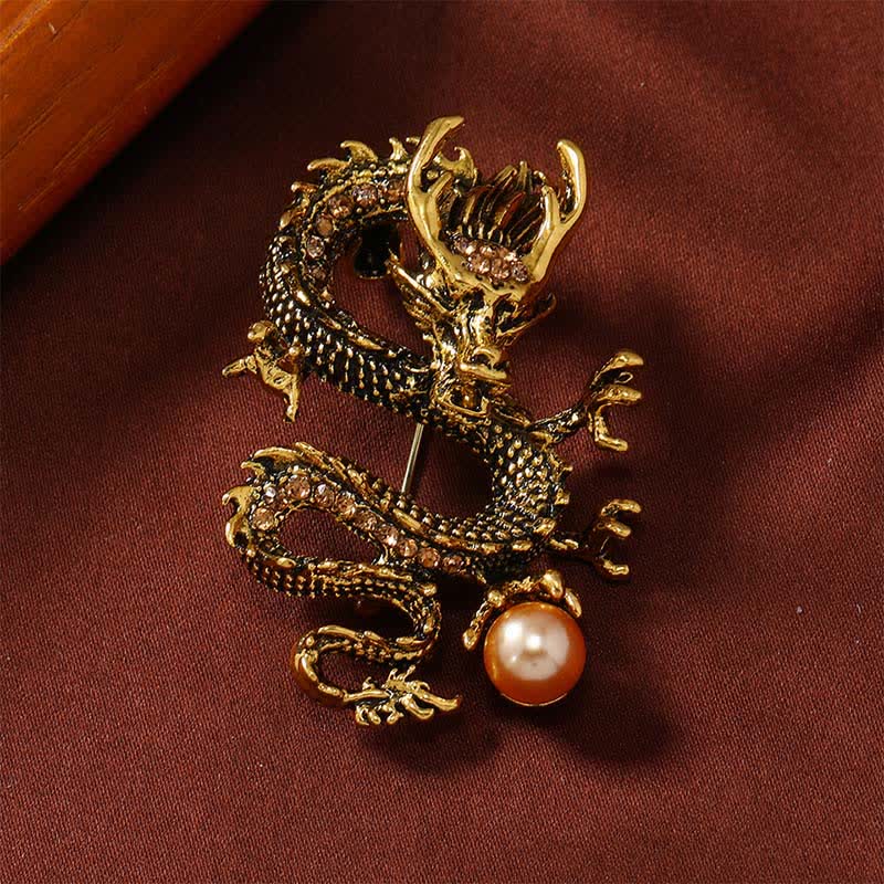Buddha Stones Domineering Dragon Pearl Strength Brooch - Golden Champagne Dragon 2.4*5cm - image 0