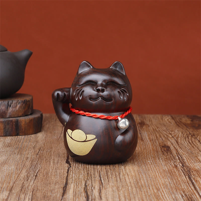 Buddha Stones Mini Lucky Cat Ebony Wood Carved Decoration 8cm - Cat Ingot - 8cm(Color& Size May Vary) - image 3