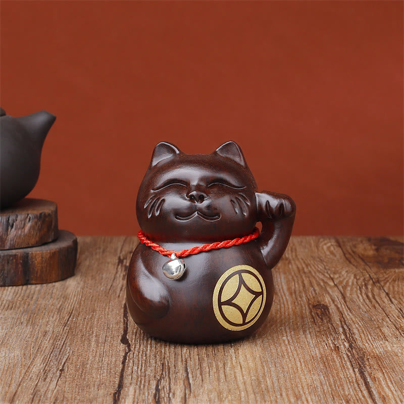 Buddha Stones Mini Lucky Cat Ebony Wood Carved Decoration 8cm - Cat Coin - 8cm(Color& Size May Vary) - image 5