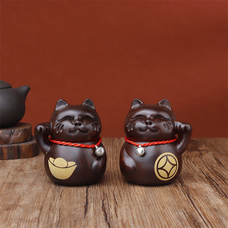 Buddha Stones Mini Lucky Cat Ebony Wood Carved Decoration 8cm - 2Pcs(Gift Box) - 8cm(Color& Size May Vary) - image 0