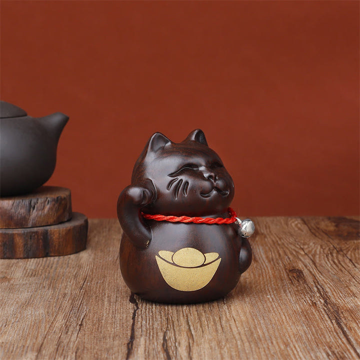 Buddha Stones Mini Lucky Cat Ebony Wood Carved Decoration 8cm - image 4