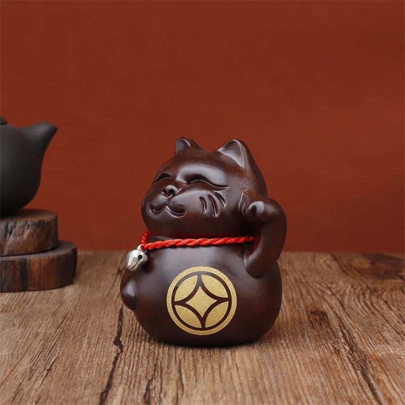 Buddha Stones Mini Lucky Cat Ebony Wood Carved Decoration 8cm - image 6