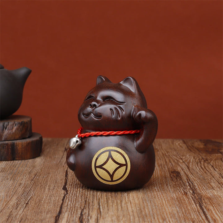 Buddha Stones Mini Lucky Cat Ebony Wood Carved Decoration 8cm - image 6