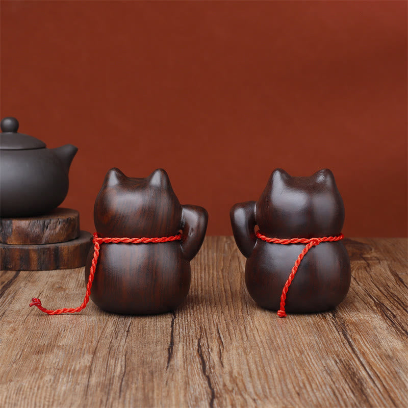Buddha Stones Mini Lucky Cat Ebony Wood Carved Decoration 8cm - image 1