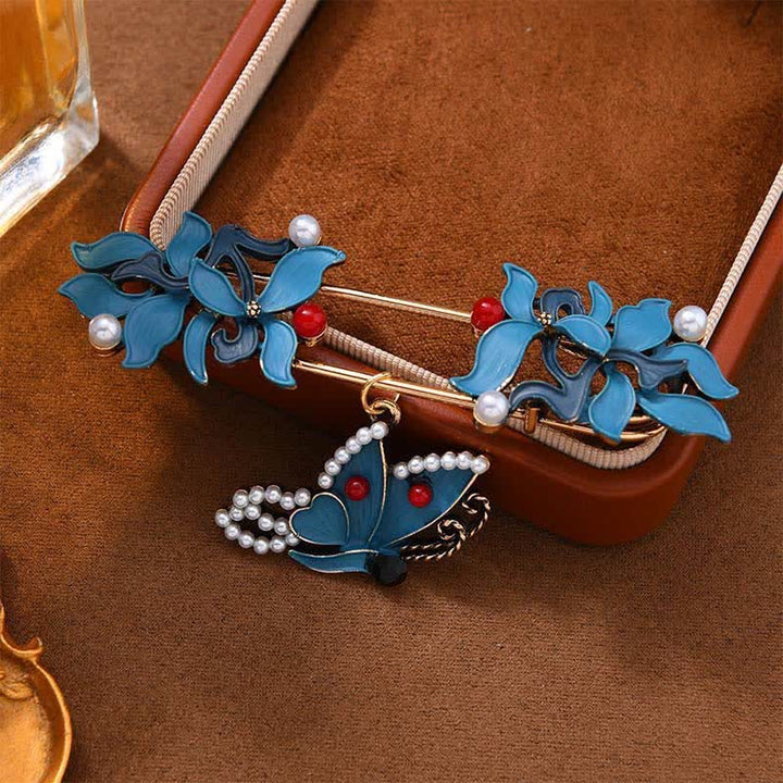 Buddha Stones Cloisonné Enamel Koi Fish Butterfly Pearl Prosperity Brooch - Butterfly 8.2*(2.2+2.3)cm - image 3