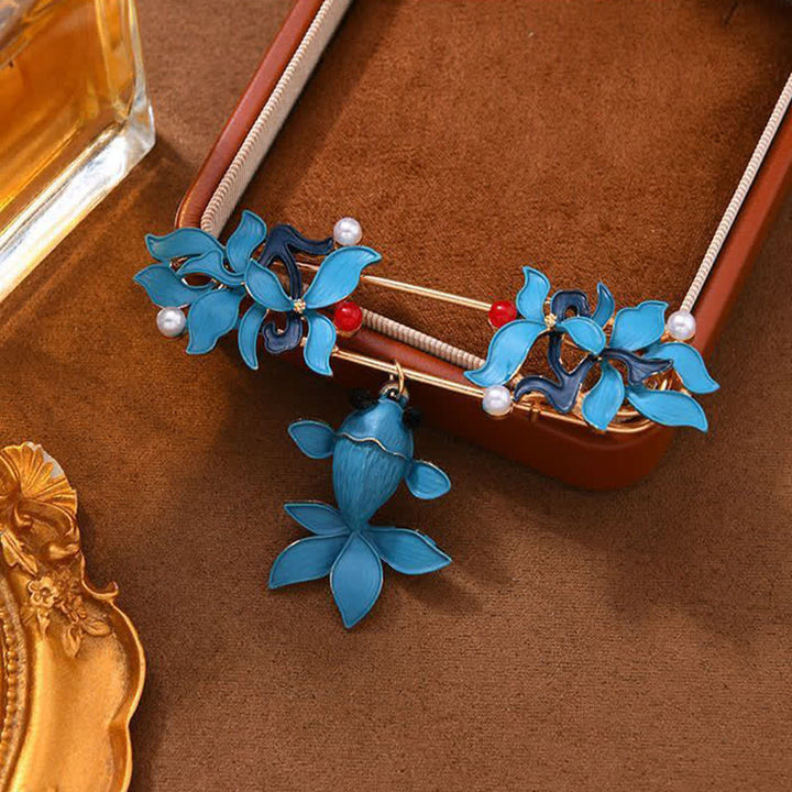 Buddha Stones Cloisonné Enamel Koi Fish Butterfly Pearl Prosperity Brooch - image 1