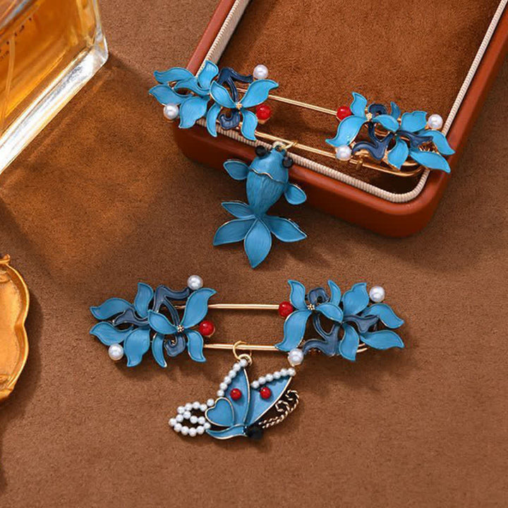 Buddha Stones Cloisonné Enamel Koi Fish Butterfly Pearl Prosperity Brooch - image 8