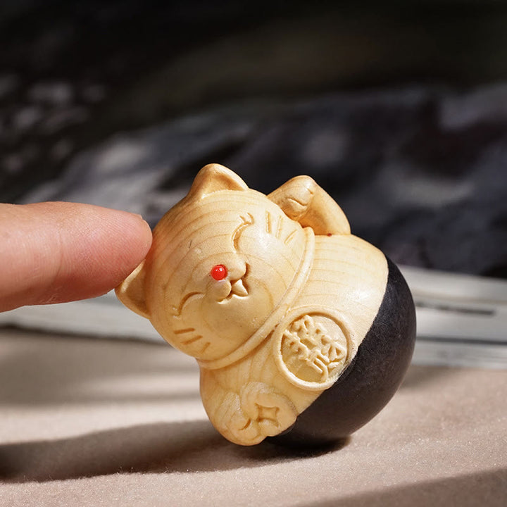 Buddha Stones Attract Wealth Mini Lucky Cat Ebony Beech Wood Carved Protection Decoration 4.7*4cm - 4.7*4cm(Color& Size May Vary) - image 0