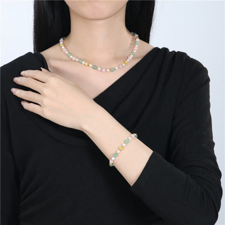 Buddha Stones Natural Rose Quartz Green Strawberry Quartz Pearl Bead Peace Necklace - image 11