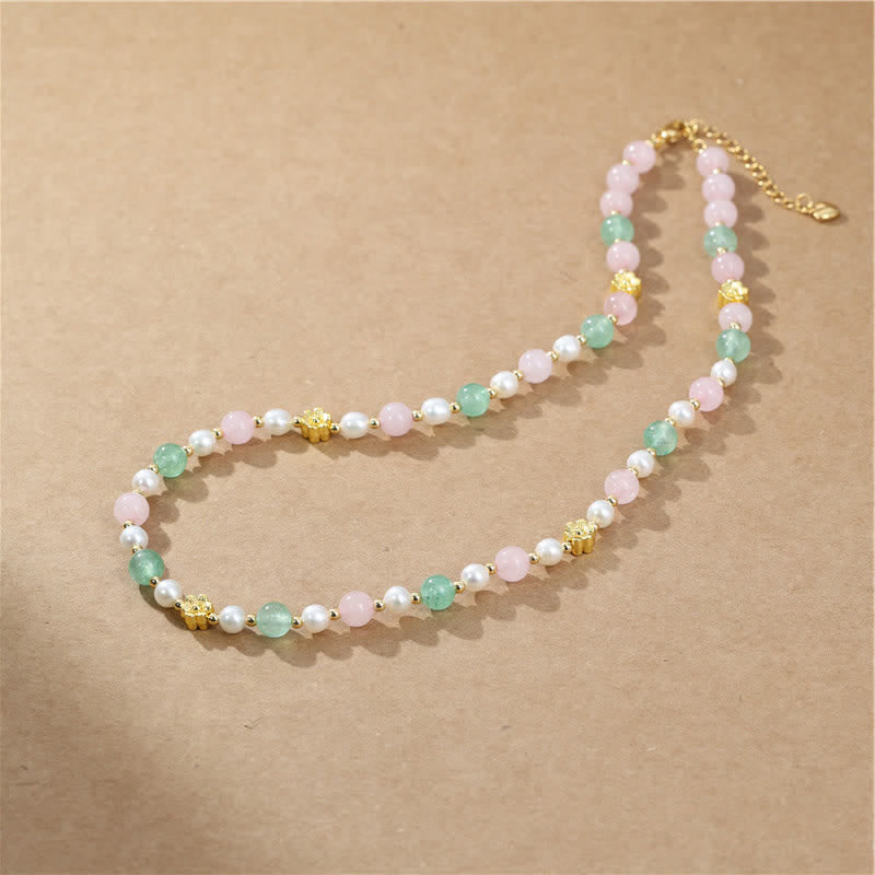 Buddha Stones Natural Rose Quartz Green Strawberry Quartz Pearl Bead Peace Necklace - image 2