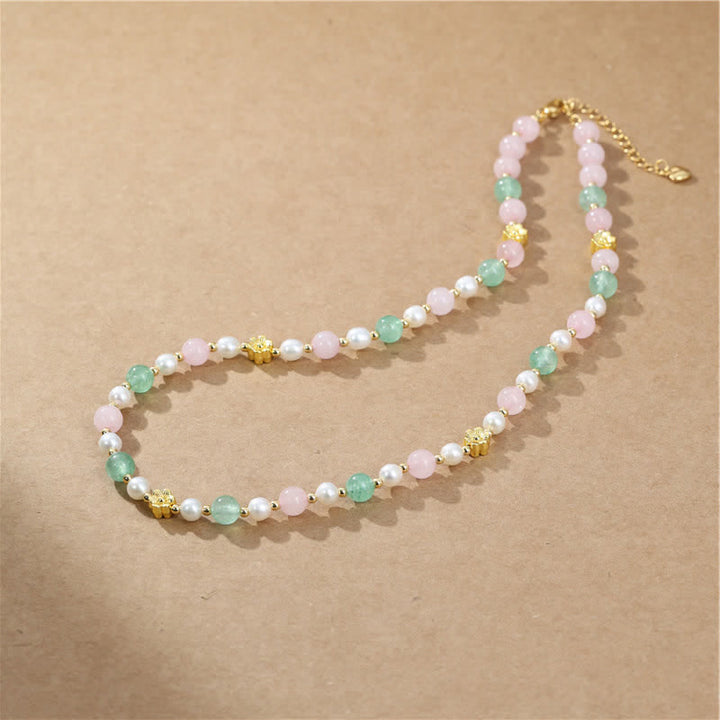 Buddha Stones Natural Rose Quartz Green Strawberry Quartz Pearl Bead Peace Necklace - image 2