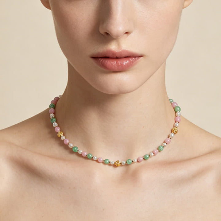 Buddha Stones Natural Rose Quartz Green Strawberry Quartz Pearl Bead Peace Necklace - image 10