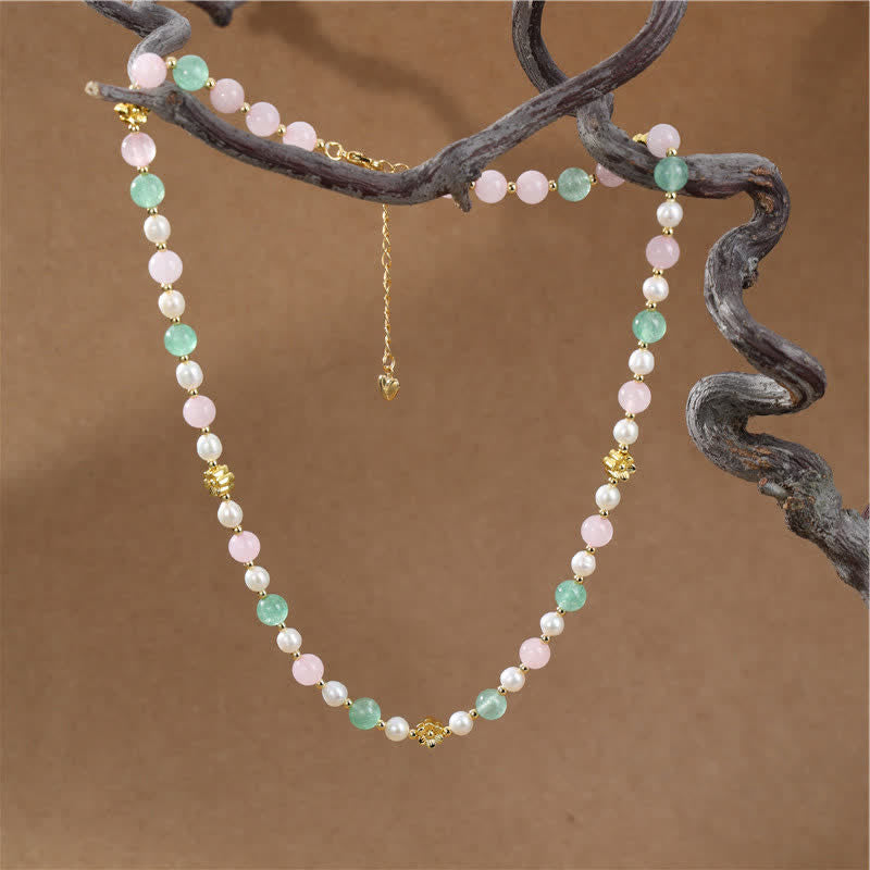 Buddha Stones Natural Rose Quartz Green Strawberry Quartz Pearl Bead Peace Necklace - image 1