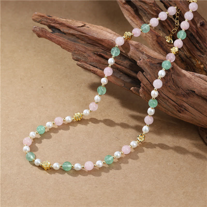 Buddha Stones Natural Rose Quartz Green Strawberry Quartz Pearl Bead Peace Necklace - image 3