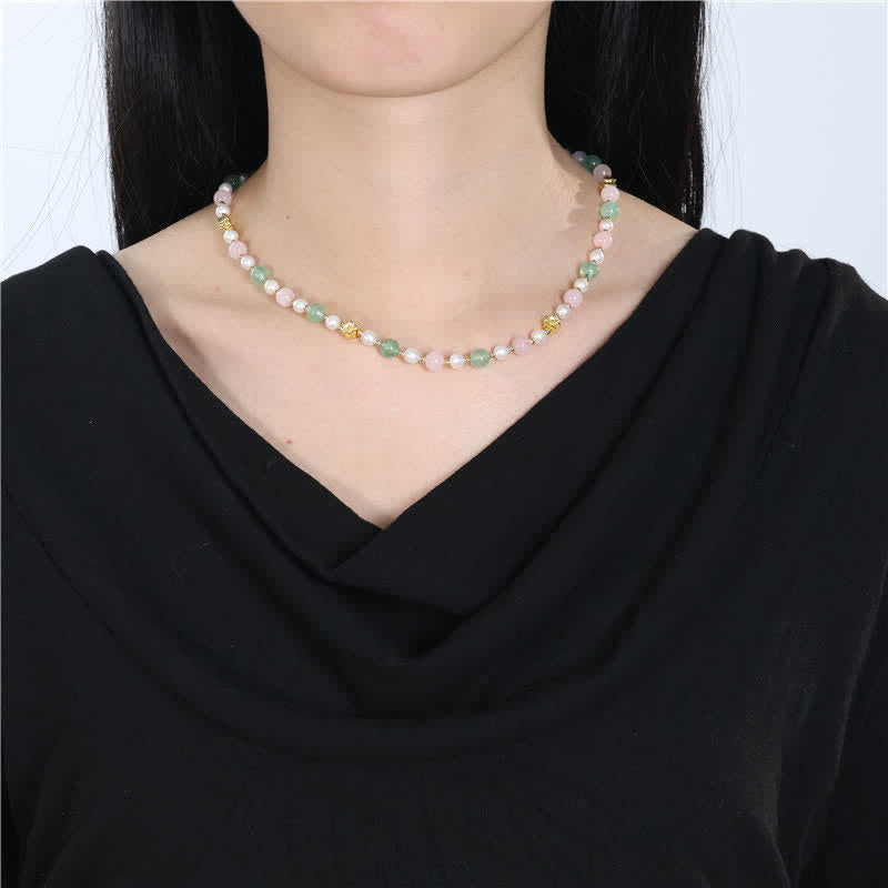 Buddha Stones Natural Rose Quartz Green Strawberry Quartz Pearl Bead Peace Necklace - image 4