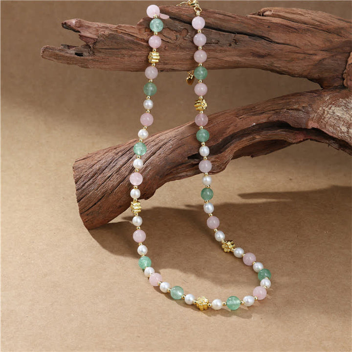 Buddha Stones Natural Rose Quartz Green Strawberry Quartz Pearl Bead Peace Necklace - image 9