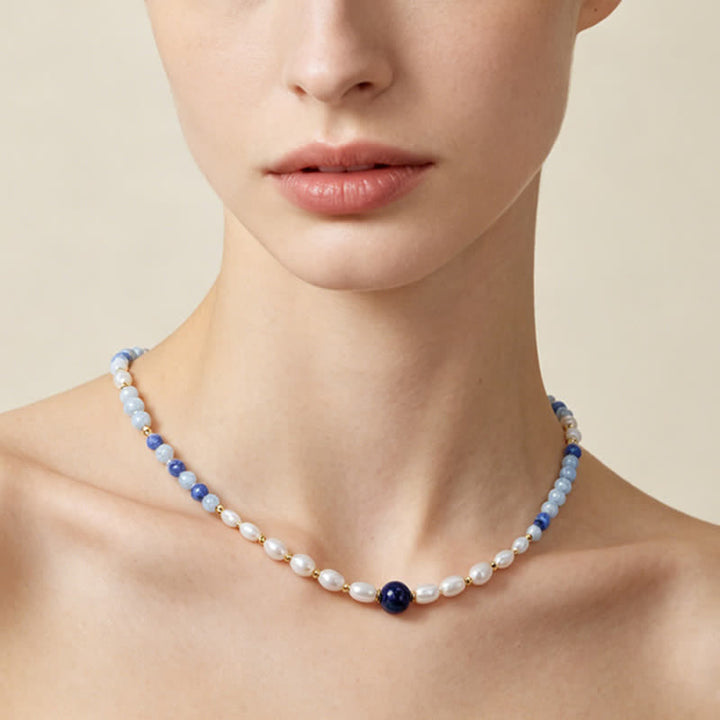 Buddha Stones Natural Blue Aventurine Lapis Lazuli Pearl Bead Concentration Necklace - image 8