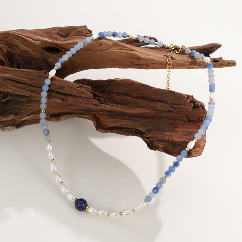 Buddha Stones Natural Blue Aventurine Lapis Lazuli Pearl Bead Concentration Necklace - image 2