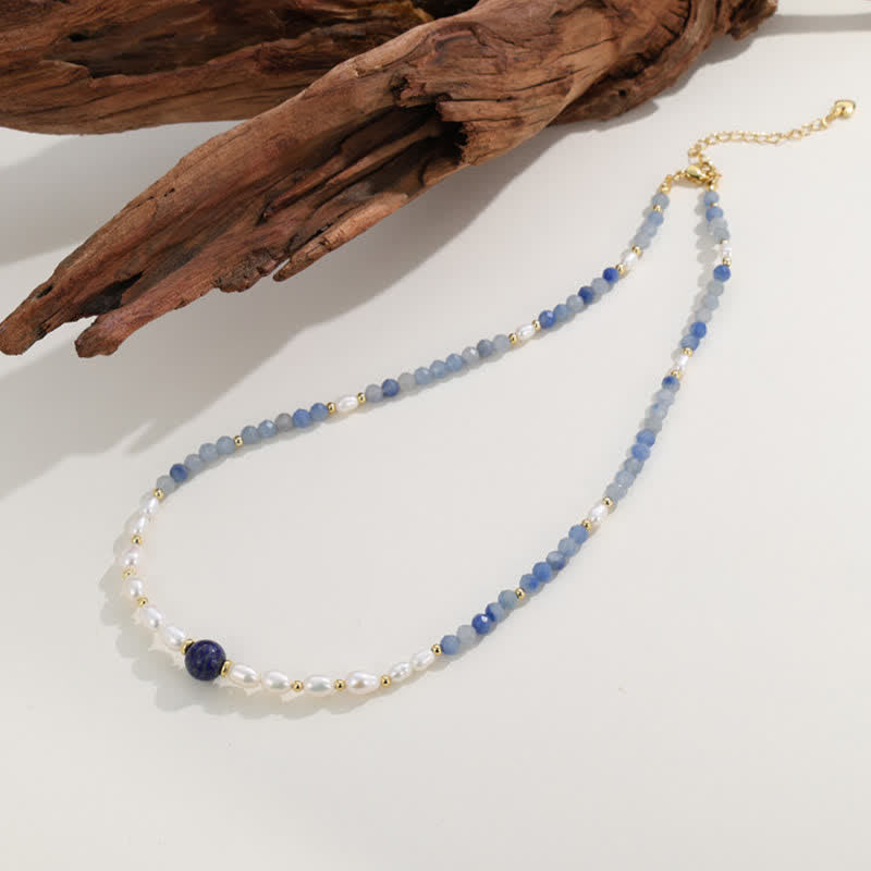 Buddha Stones Natural Blue Aventurine Lapis Lazuli Pearl Bead Concentration Necklace - image 3