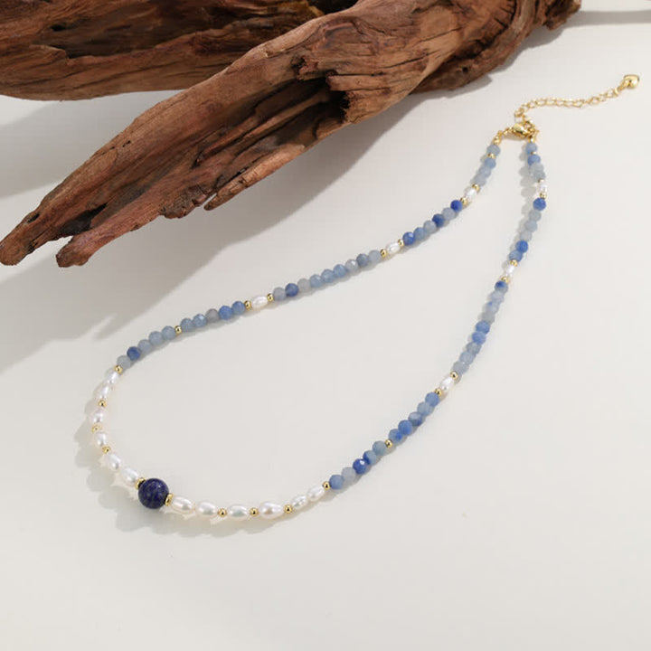 Buddha Stones Natural Blue Aventurine Lapis Lazuli Pearl Bead Concentration Necklace - image 3