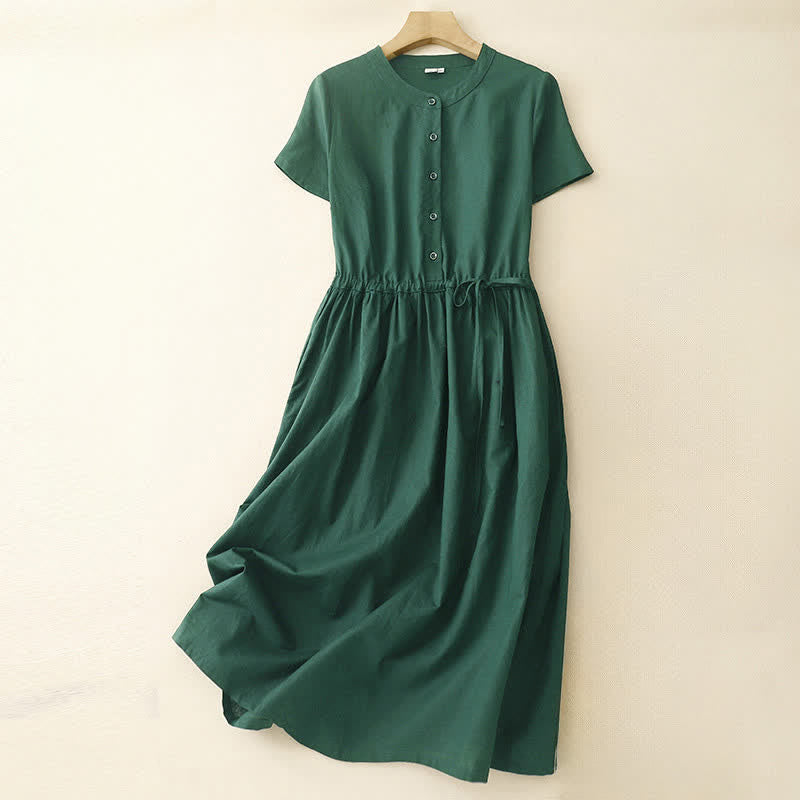 Buddha Stones Summer Minimalist Button-Up Drawstring Solid Women's Short Sleeve Dress With Pockets - SeaGreen - US12，UK/AU16，EU44 (2XL) - image 10