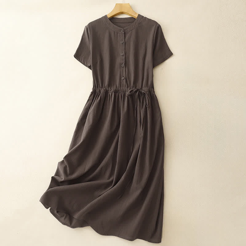 Buddha Stones Summer Minimalist Button-Up Drawstring Solid Women's Short Sleeve Dress With Pockets - SaddleBrown - US12，UK/AU16，EU44 (2XL) - image 0