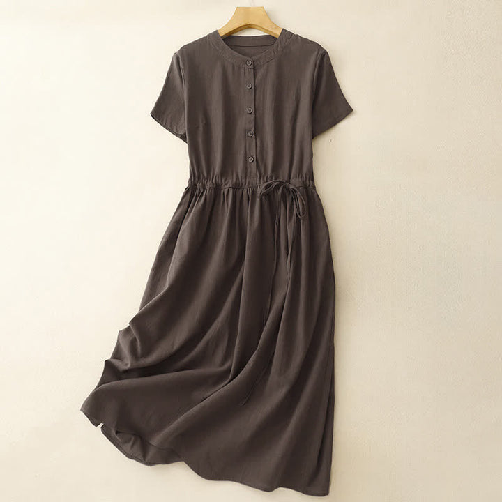Buddha Stones Summer Minimalist Button-Up Drawstring Solid Women's Short Sleeve Dress With Pockets - SaddleBrown - US12，UK/AU16，EU44 (2XL) - image 0