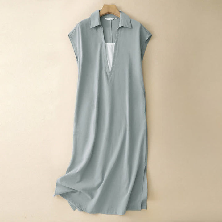 Buddha Stones Summer Minimalist Side Slit Solid Women's Summer Sleeveless Dress With Pocket - lightcyan - US14，UK/AU18，EU46 (2XL) - image 10