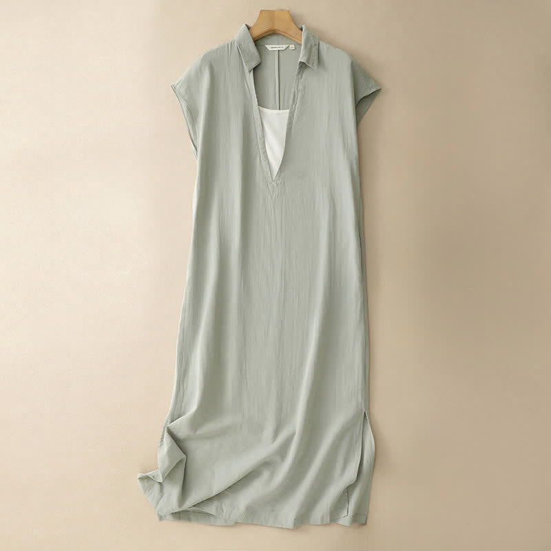 Buddha Stones Summer Minimalist Side Slit Solid Women's Summer Sleeveless Dress With Pocket - DarkSeaGreen - US14，UK/AU18，EU46 (2XL) - image 0