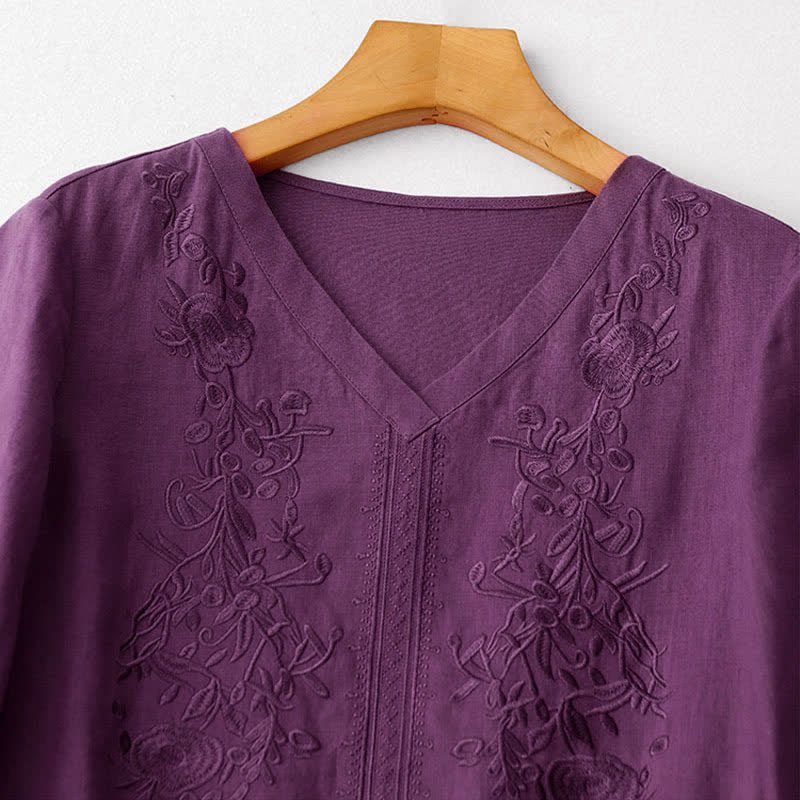 Buddha Stones Summer Embroidery Solid Women's Short Sleeve Dress With Pockets - image 1