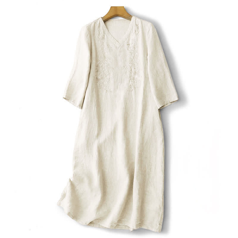 Buddha Stones Summer Embroidery Solid Women's Short Sleeve Dress With Pockets - Beige - US12，UK/AU16，EU44 (2XL) - image 7